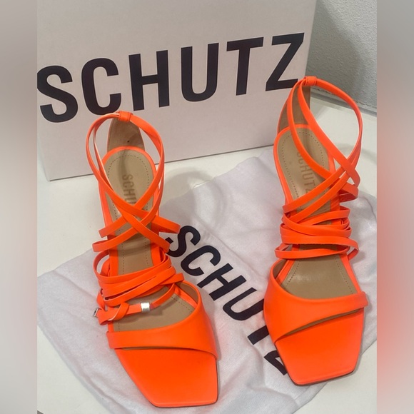 SCHUTZ Bryce Leather Strap Ankle-Wrap Sandal in Acid Orange Womens Sz: Multiple - Picture 7 of 12